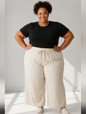 Old Navy Beige Wide Leg Pants Plus Size 4X Lounge Pull-On Elastic Waist Pockets